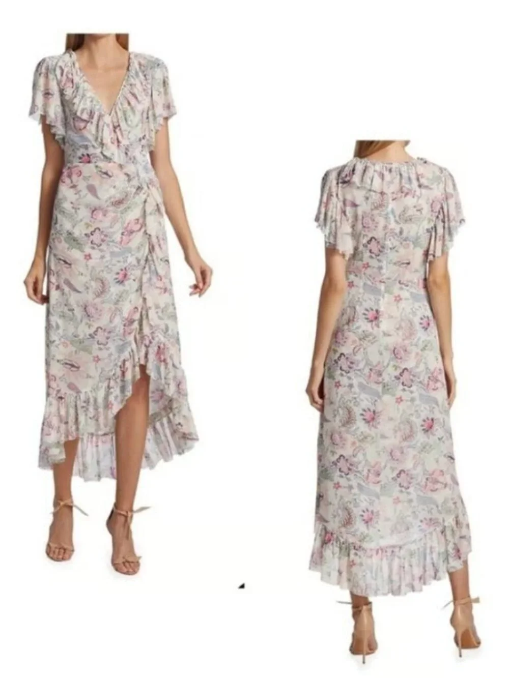 Cinq a Sept Sheila Floral Dress - 4 - Ruffle Trim Midi Shirred Wedding Party - Picture 15 of 15
